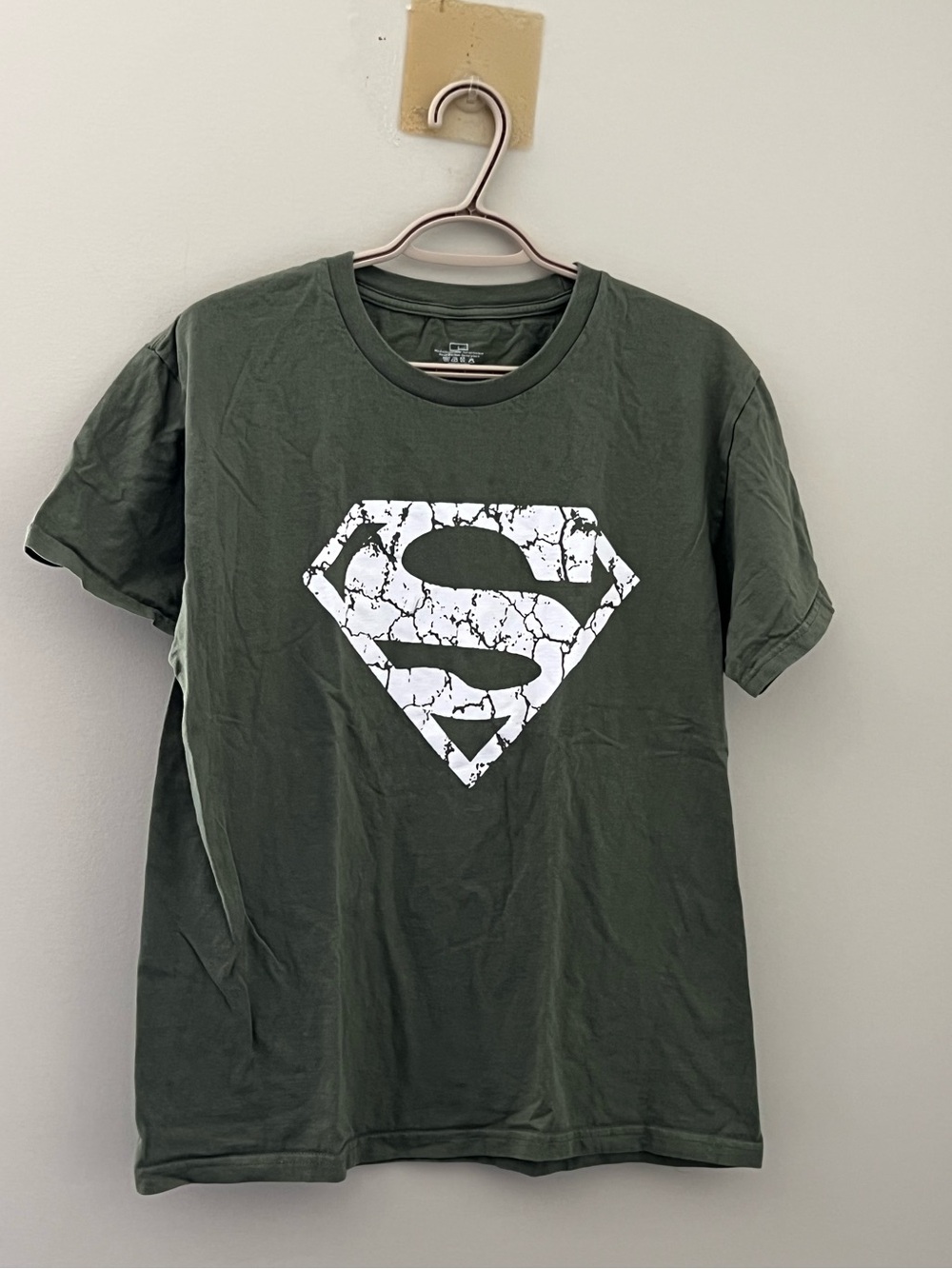 Superman Distressed Logo Graphic T-Shirt Olive Green Men’s Large